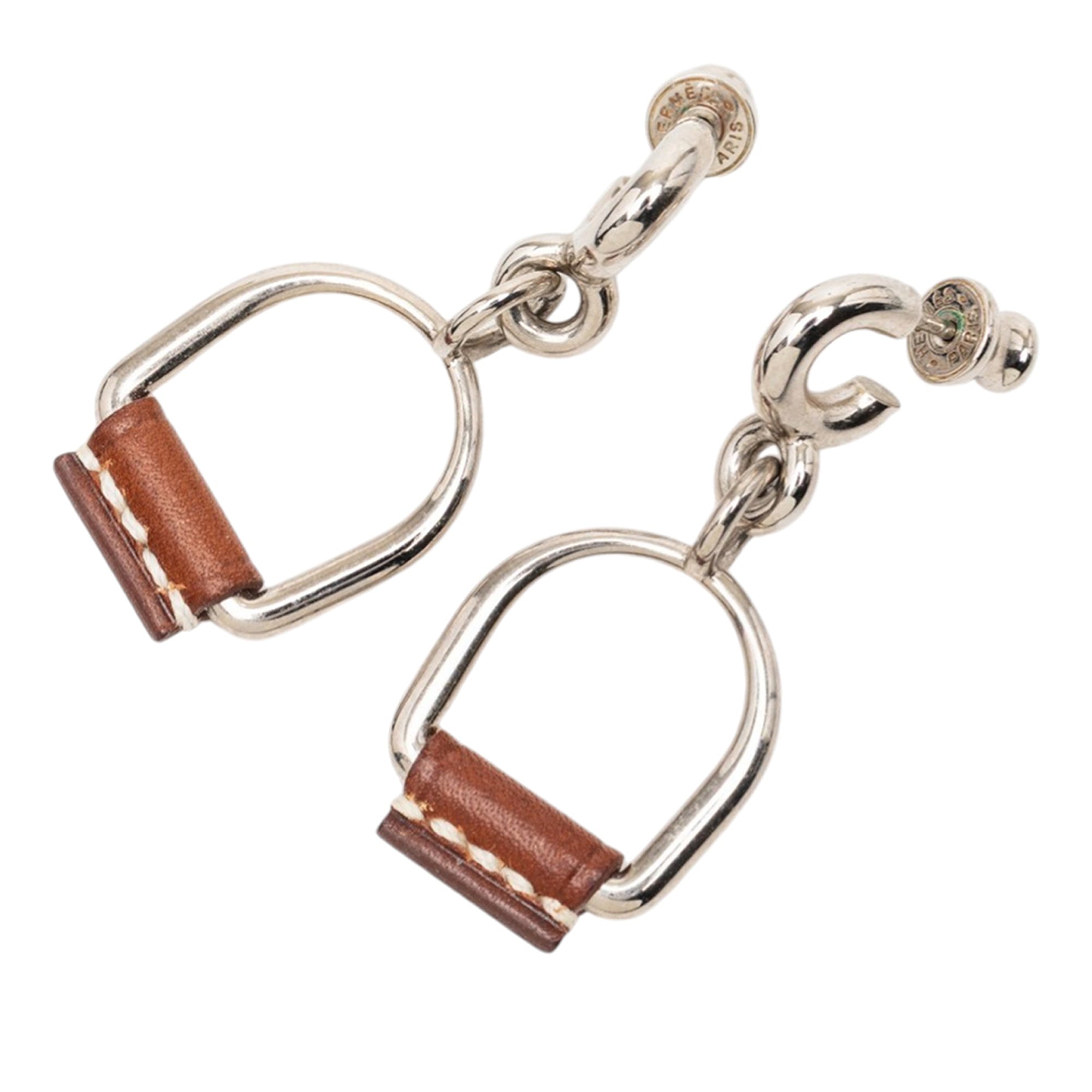 Silver Plated and Swift Leather Equestre Etrier Push Back Earrings - Image 1