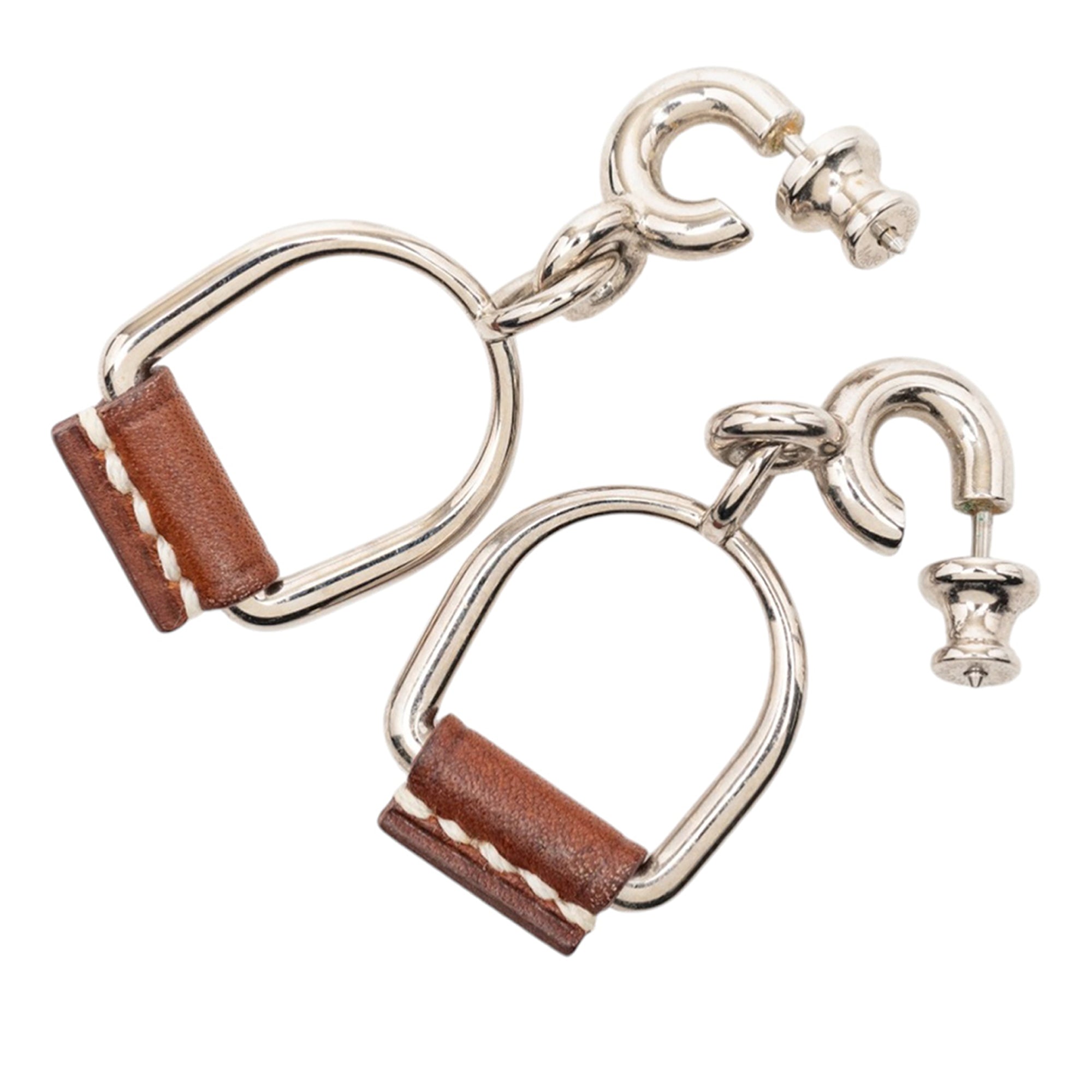 Silver Plated and Swift Leather Equestre Etrier Push Back Earrings - Image 2