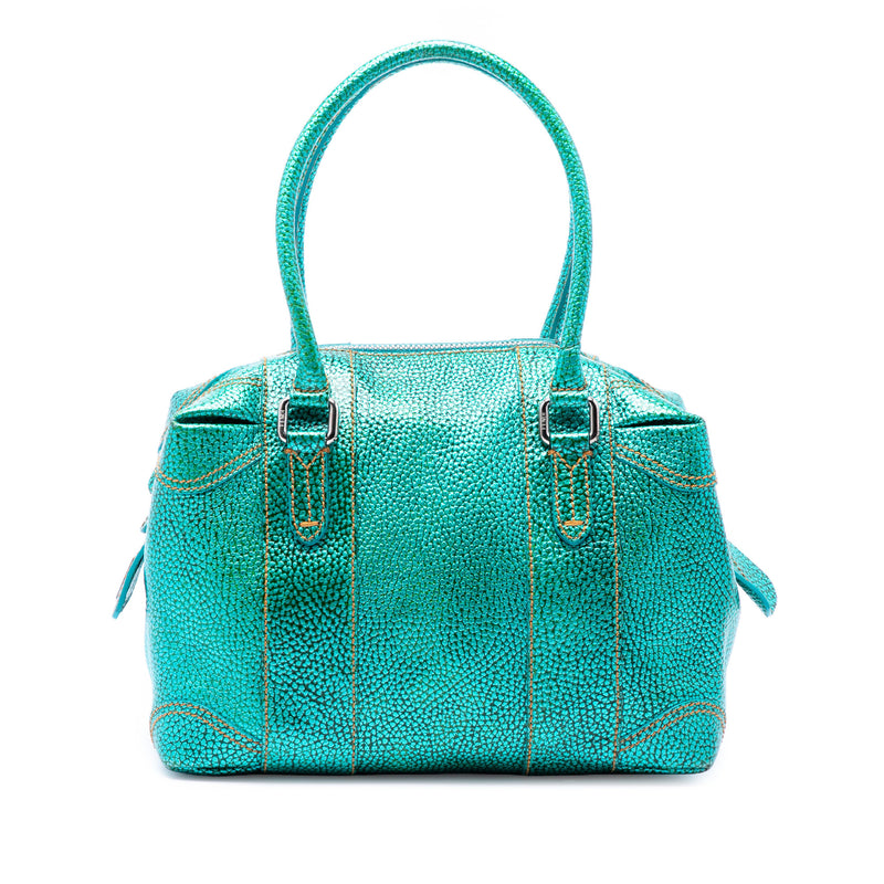Metallic Pebbled Leather Mixed Media Boston Bag