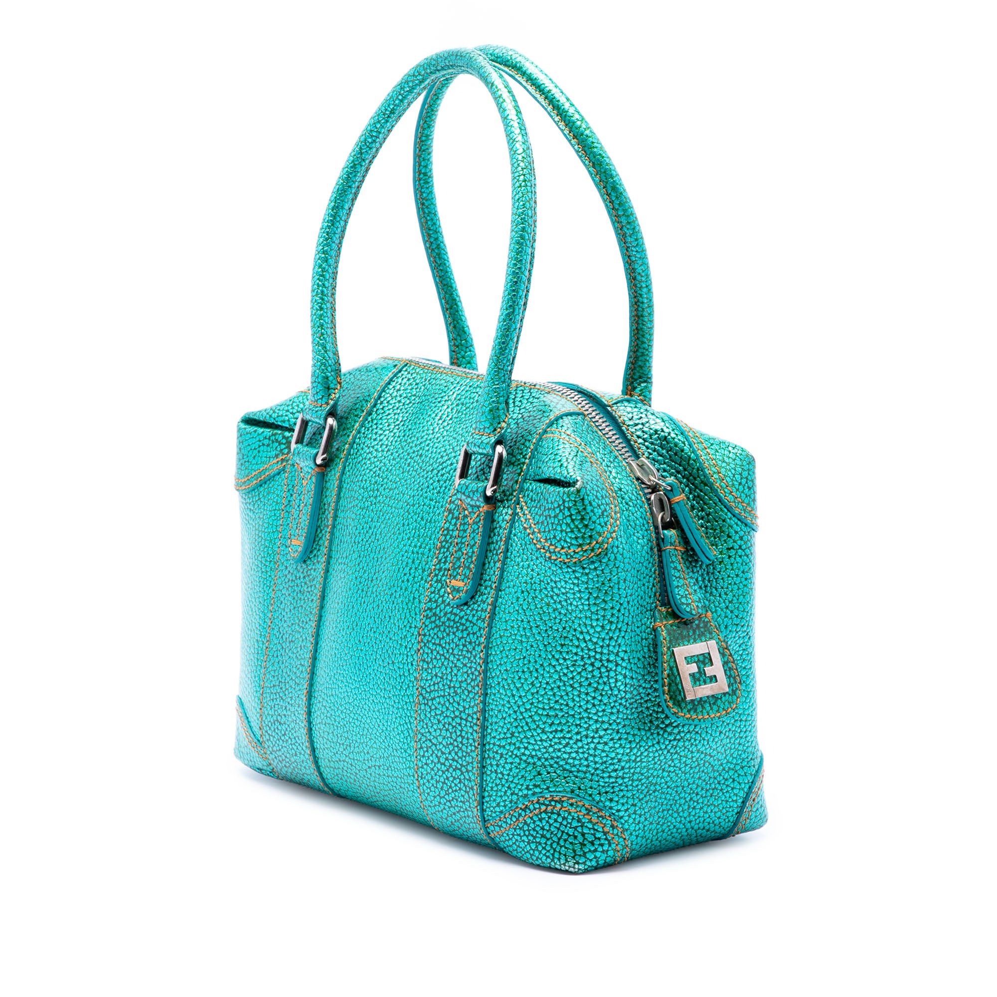 Metallic Pebbled Leather Mixed Media Boston Bag - Image 2