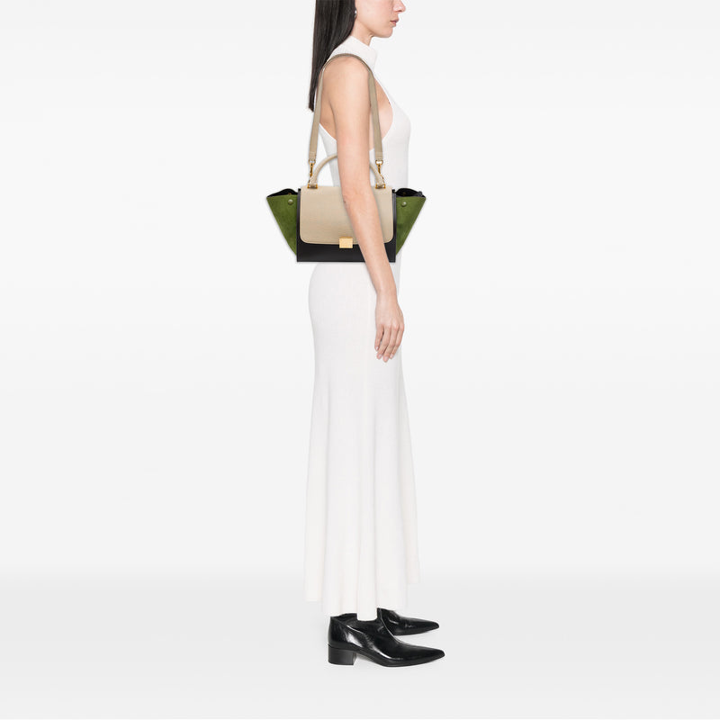 Small Tricolor Calfskin and Suede Trapeze Satchel - Image 6
