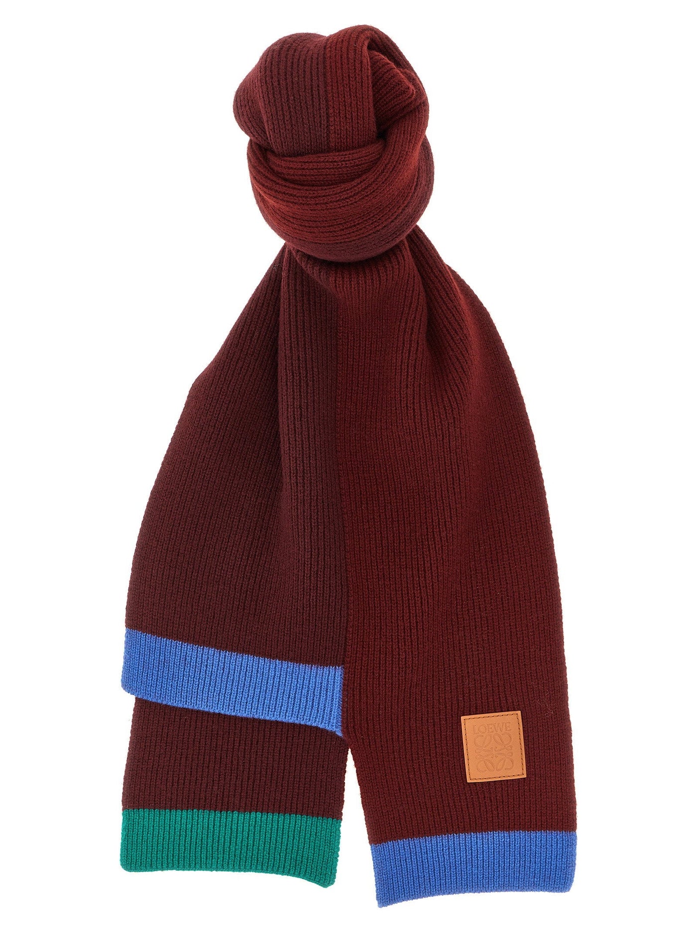 Loewe Ribbed Wool With Contrast Trim Scarf — Burgundy Scarfs