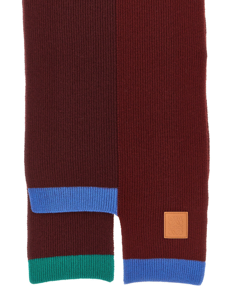 Loewe Ribbed Wool With Contrast Trim Scarf — Burgundy Scarfs