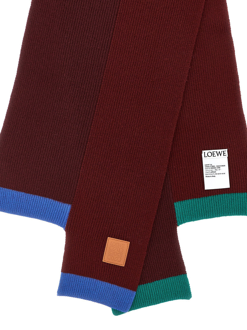 Loewe Ribbed Wool With Contrast Trim Scarf — Burgundy Scarfs
