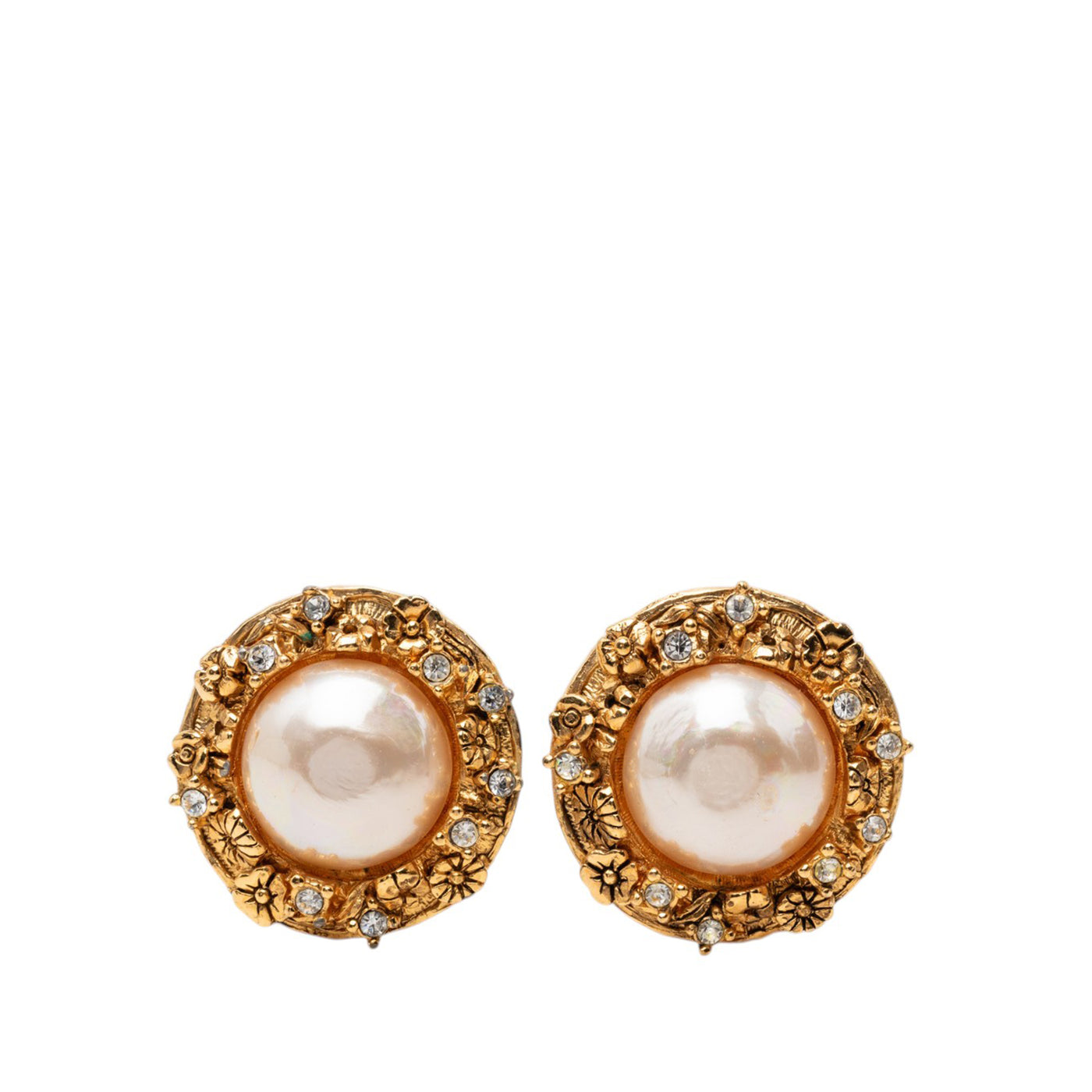 Gold Plated Strass and Faux Pearl Camellia Clip On Earrings - Image 1