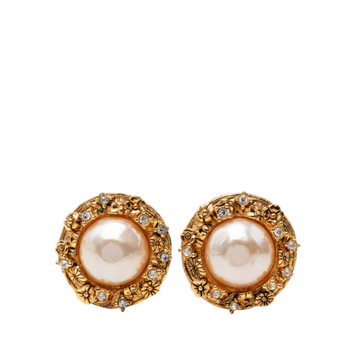 Gold Plated Strass and Faux Pearl Camellia Clip On Earrings - Image 1