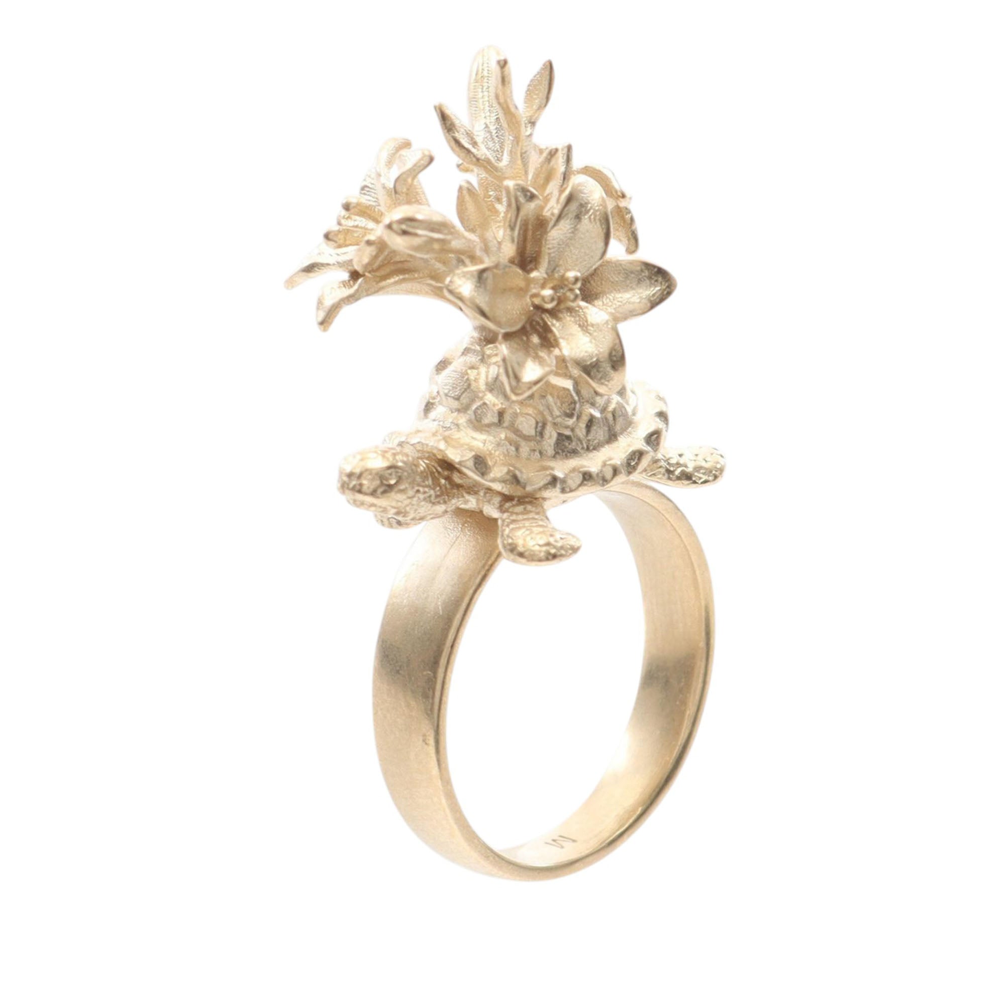 Gold Plated Turtle Flower Ring - Image 2