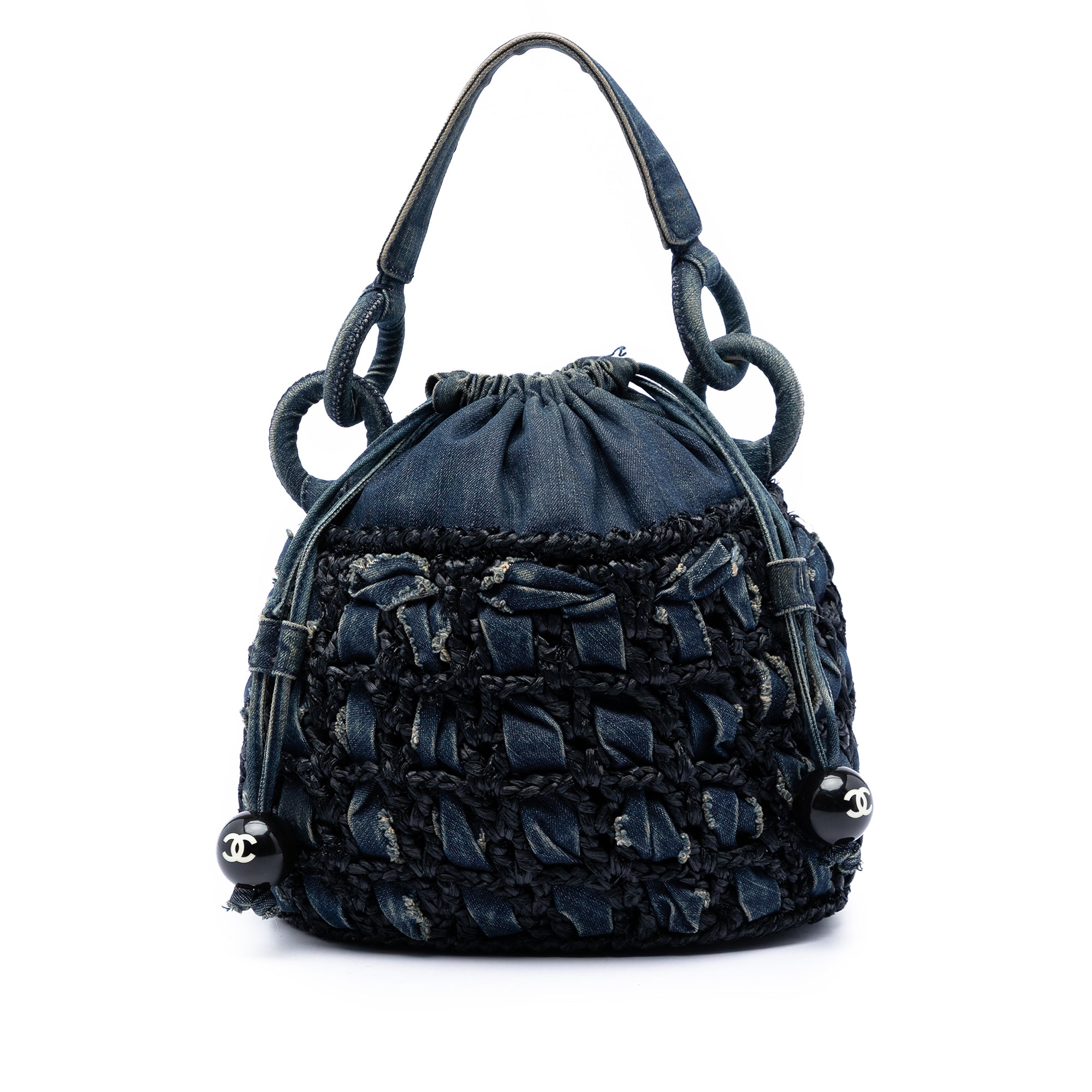 CC Woven Denim and Raffia Drawstring Bucket Bag - Image 1