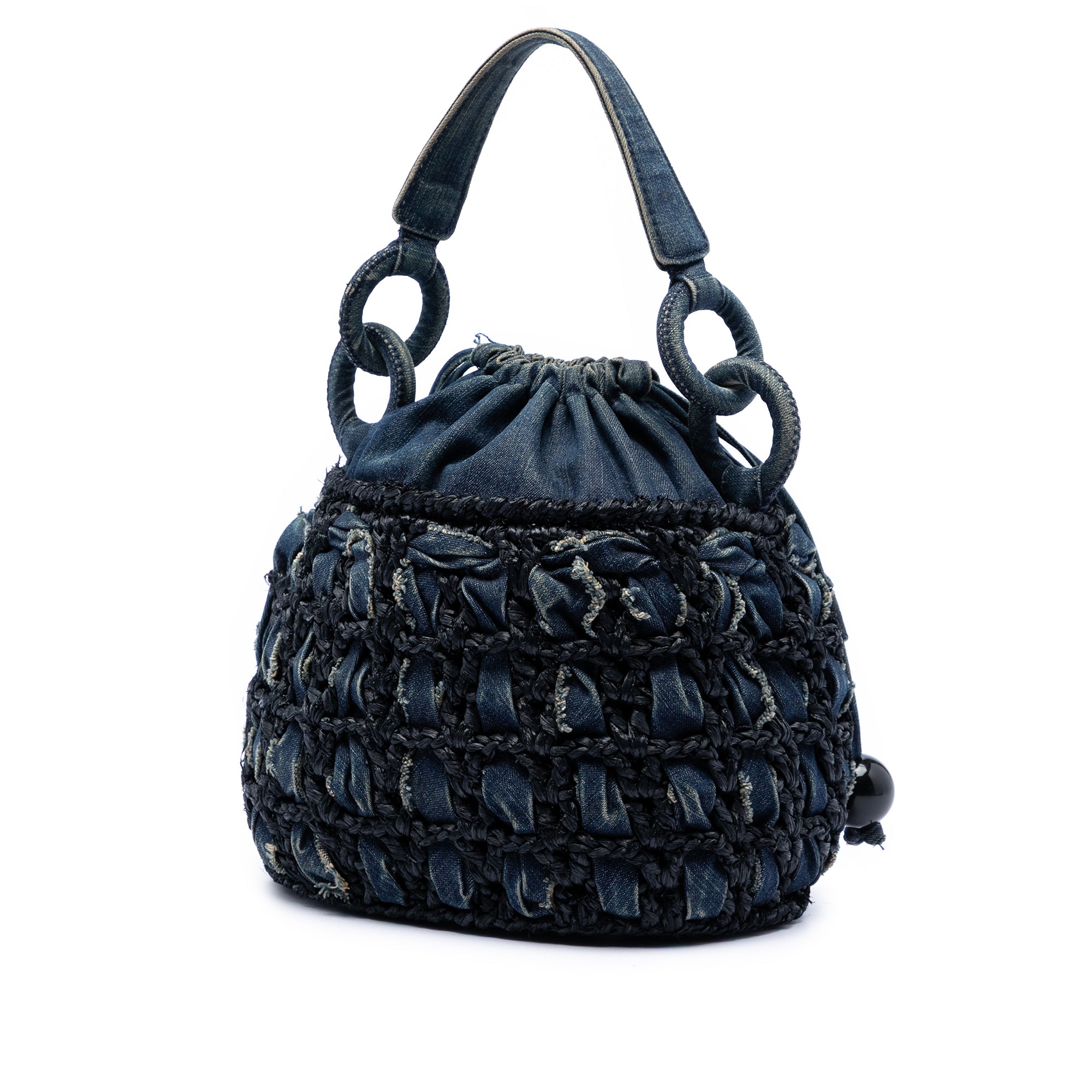 CC Woven Denim and Raffia Drawstring Bucket Bag - Image 2