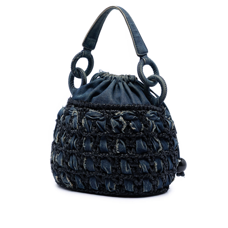 CC Woven Denim and Raffia Drawstring Bucket Bag - Image 2