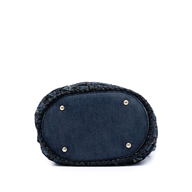 CC Woven Denim and Raffia Drawstring Bucket Bag - Image 3