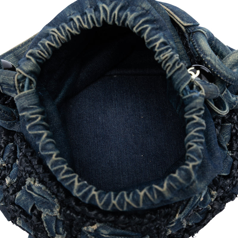CC Woven Denim and Raffia Drawstring Bucket Bag - Image 4