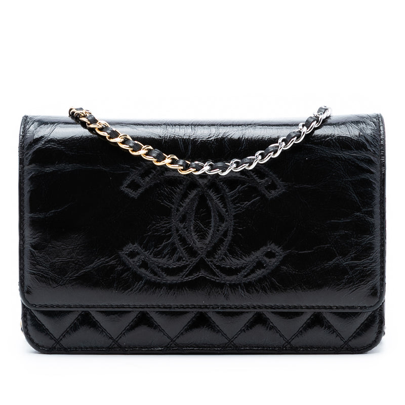 CC Quilted Shiny Aged Calfskin Wallet On Chain