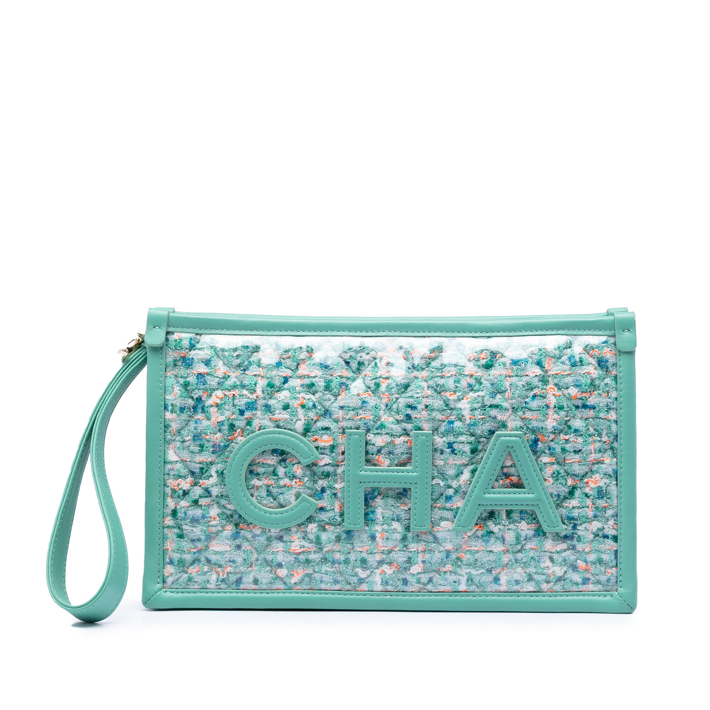 Quilted Tweed PVC Logo Wristlet Clutch - Image 1