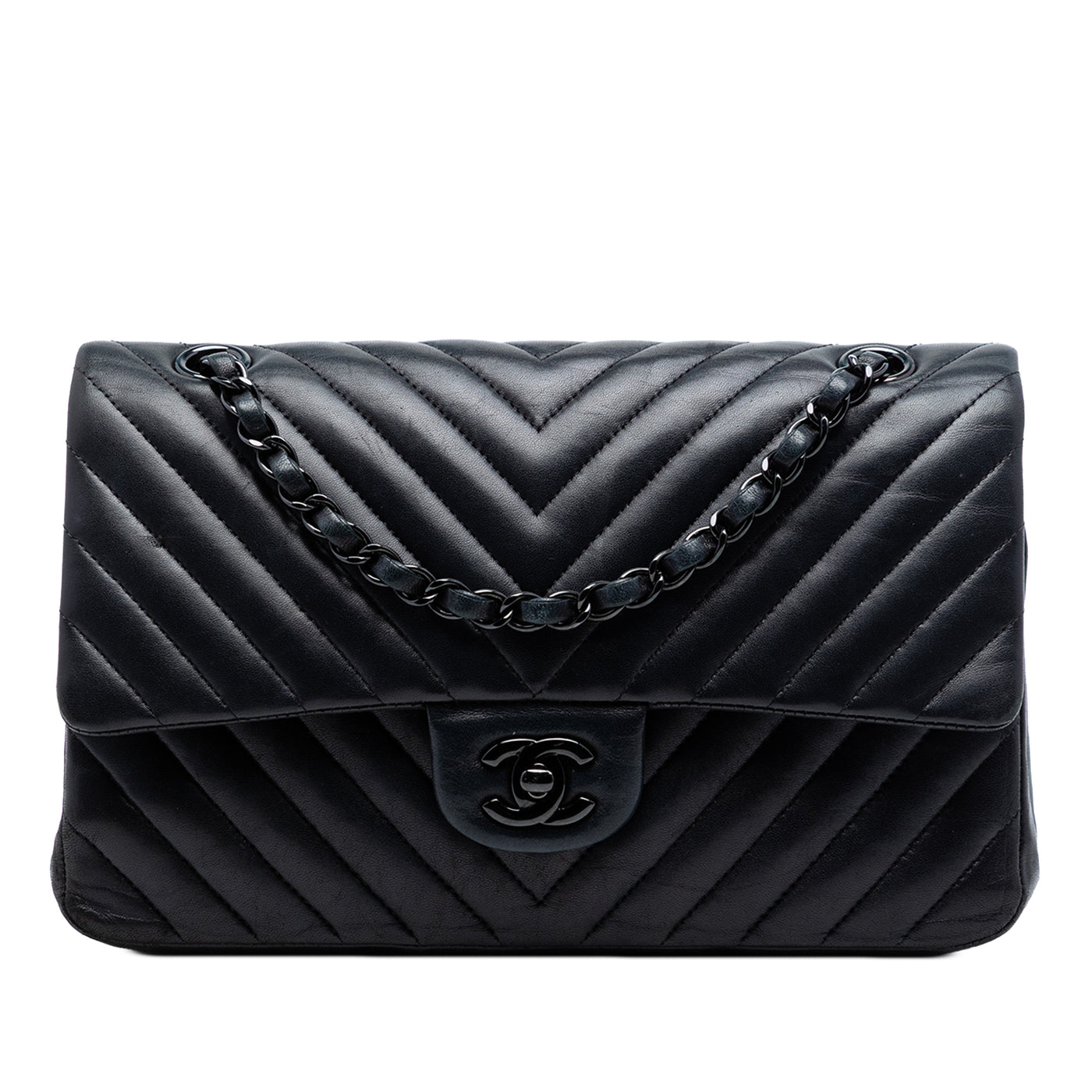 Medium Classic Chevron Lambskin So Black Double Flap - Image 1