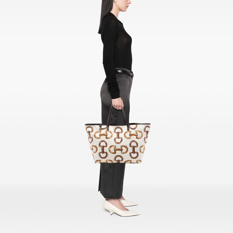 Printed Canvas Bamboo Horsebit Tote - Image 7