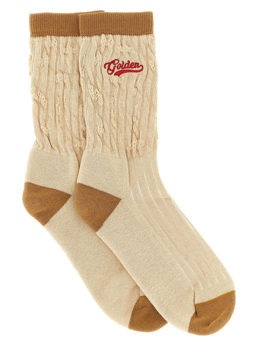 Golden Goose Braided Cotton With Logo Embroidery Socks — Beige Fine Stretch Glove