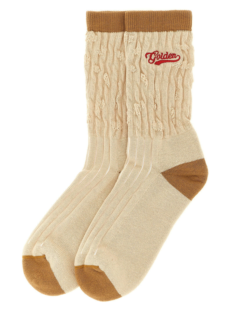 Golden Goose Braided Cotton With Logo Embroidery Socks — Beige Fine Stretch Glove