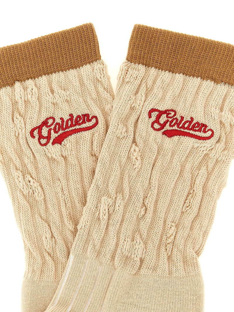 Golden Goose Braided Cotton With Logo Embroidery Socks — Beige Fine Stretch Glove
