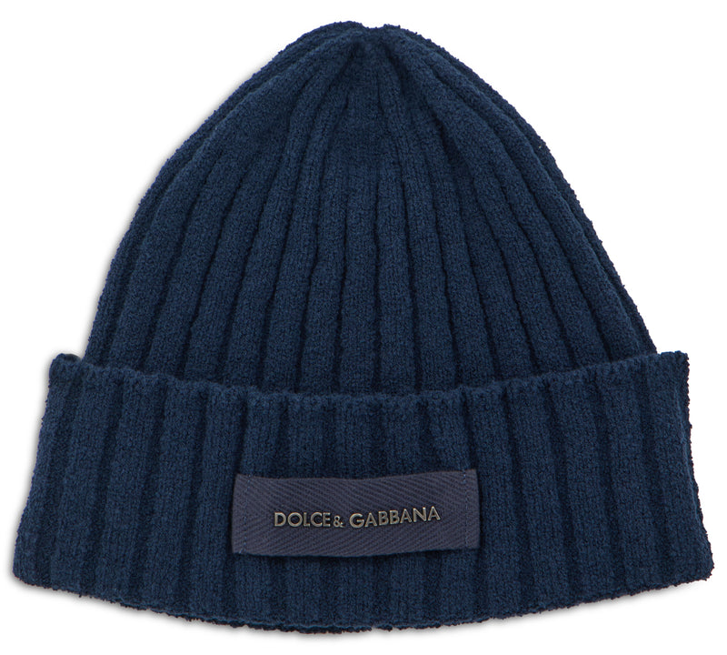 Dolce & Gabbana Gx64kt Ribbed Knit Cotton Beanie — Navy Beanies