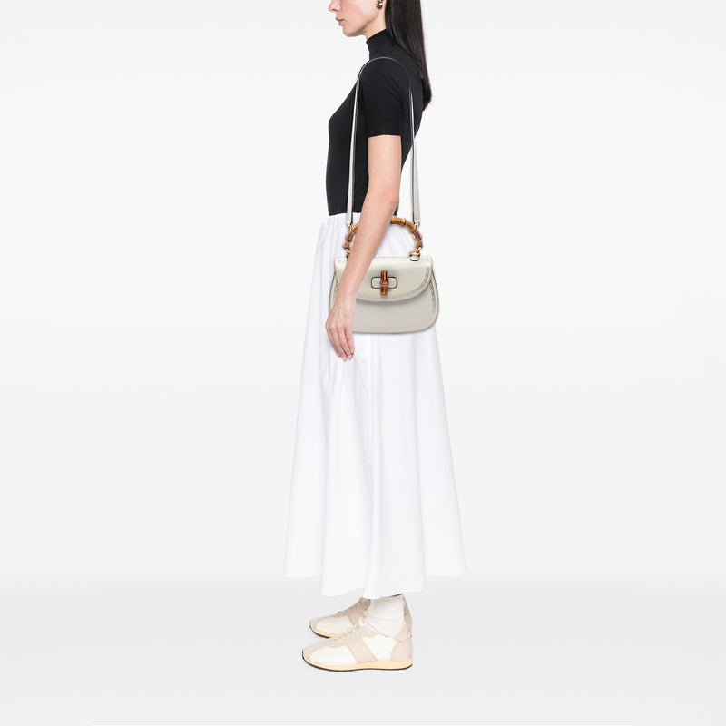 Calfskin Frame Print Bamboo Top Handle Bag - Image 6