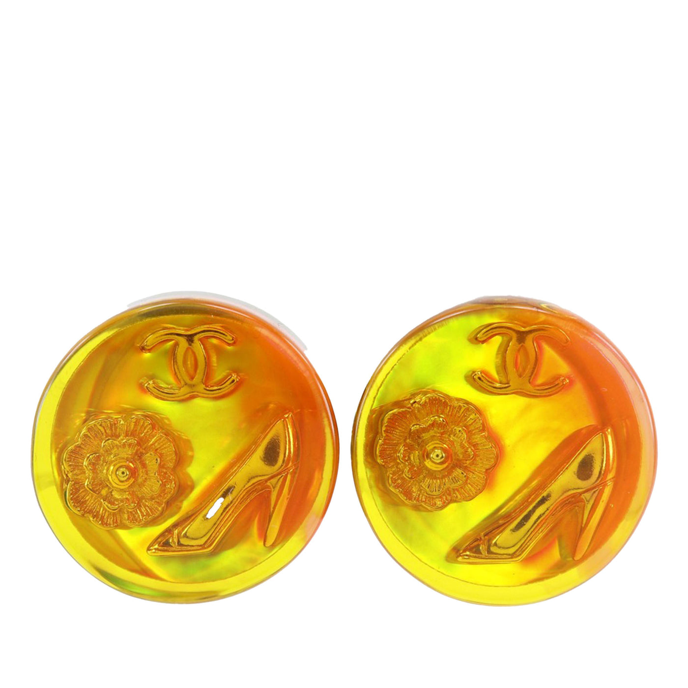CC Resin Embedded Camellia Shoe Gold Plated Clip On Earrings - Image 1