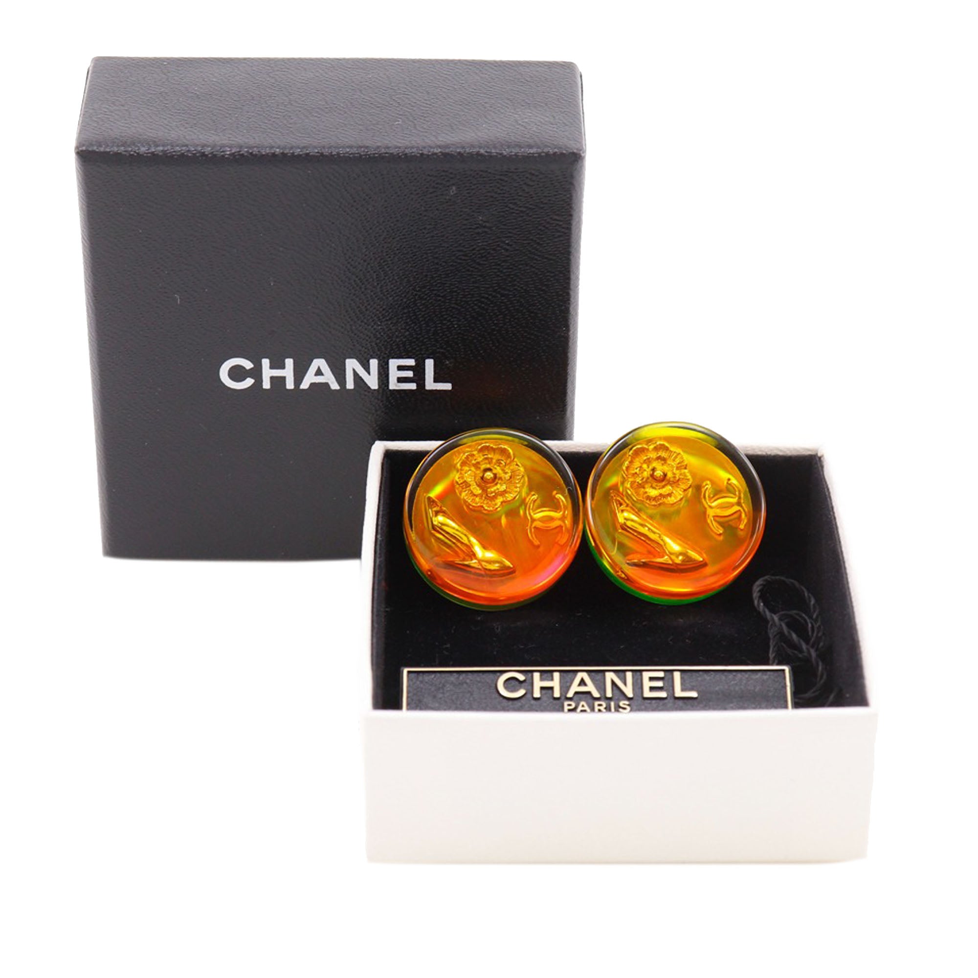 CC Resin Embedded Camellia Shoe Gold Plated Clip On Earrings - Image 6