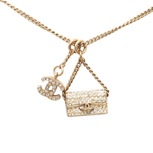 Gold Plated Rhinestone CC and Flap Bag Pendant Necklace - Image 1