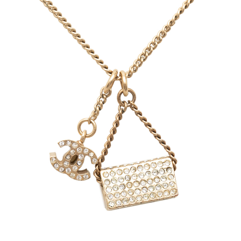 Gold Plated Rhinestone CC and Flap Bag Pendant Necklace - Image 2