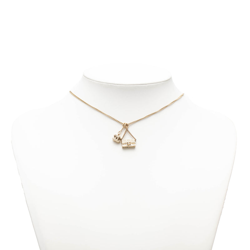 Gold Plated Rhinestone CC and Flap Bag Pendant Necklace - Image 5