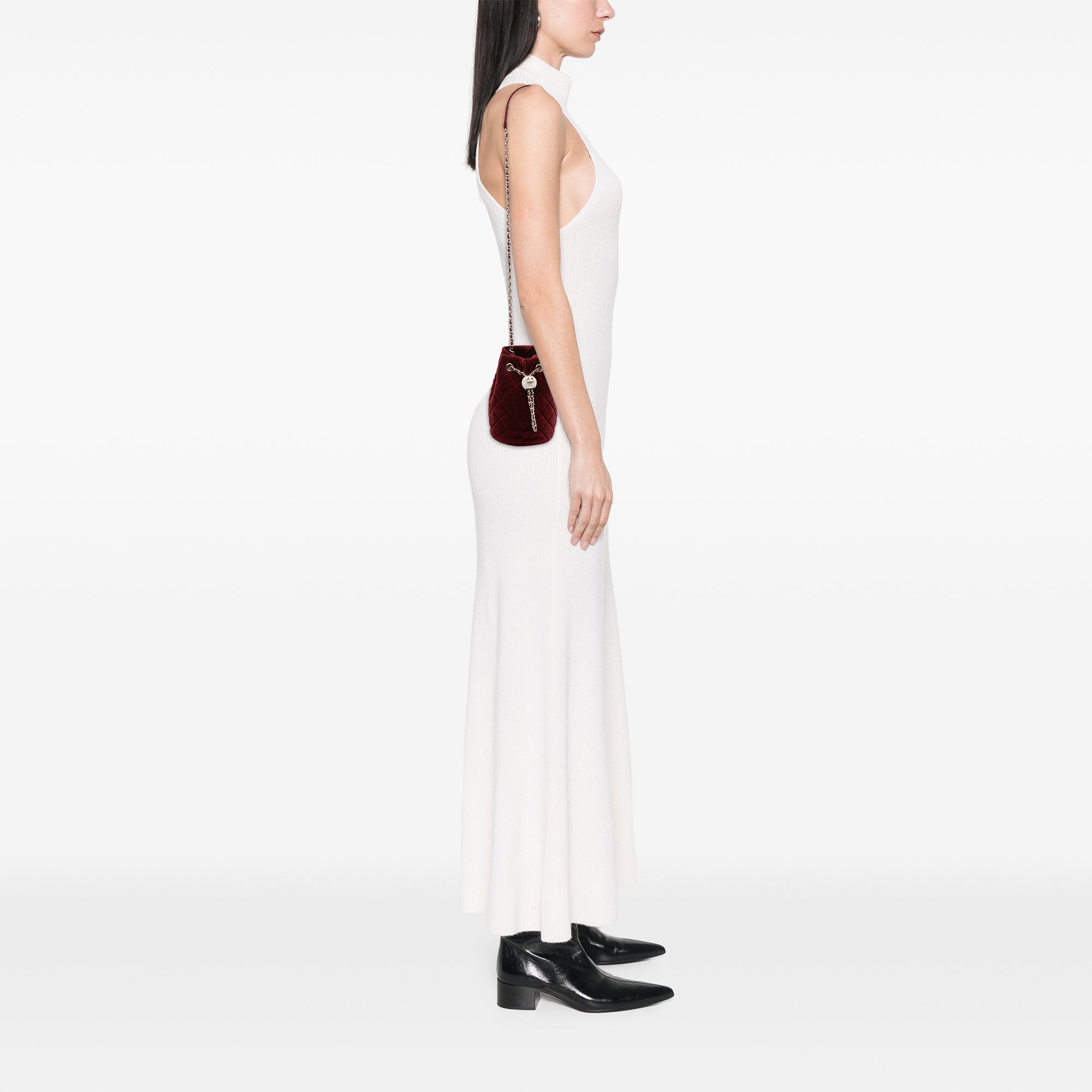Mini Velvet Crystal Pearl Crush Bucket Bag - Image 9