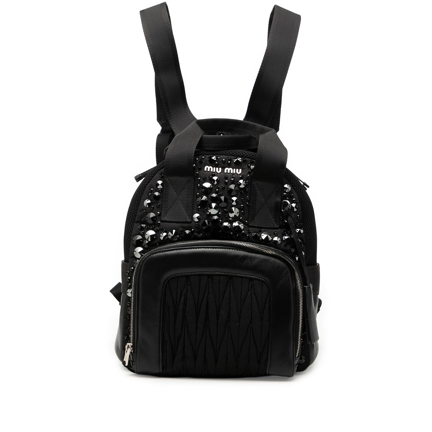 Leather Trimmed Matelasse Crystal Embellished Nylon Backpack - Image 1