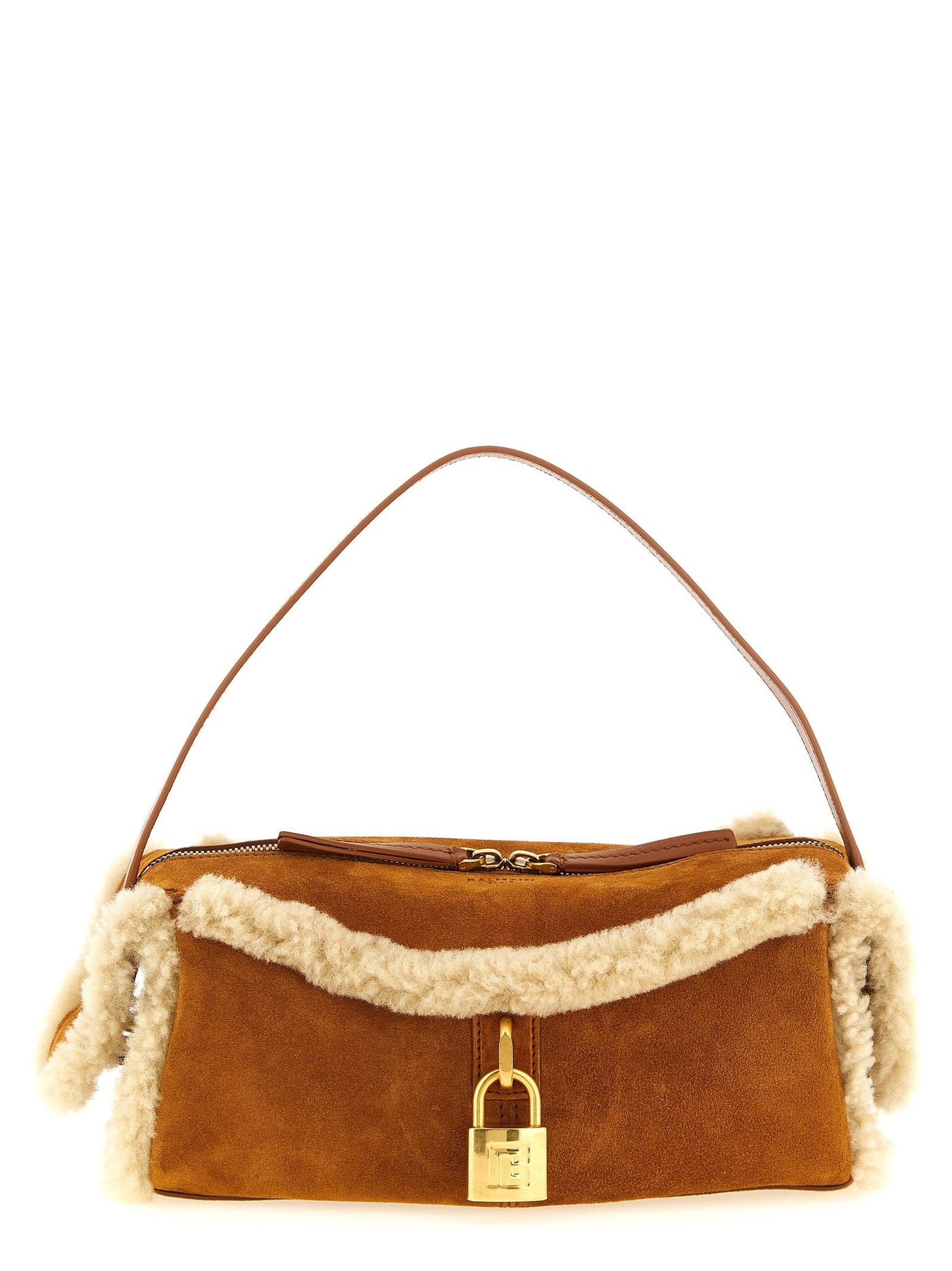 Balmain Shoulder Bag — Brown Suede With Shearling Trims
