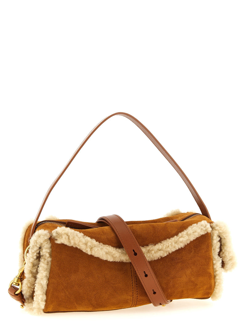 Balmain Shoulder Bag — Brown Suede With Shearling Trims