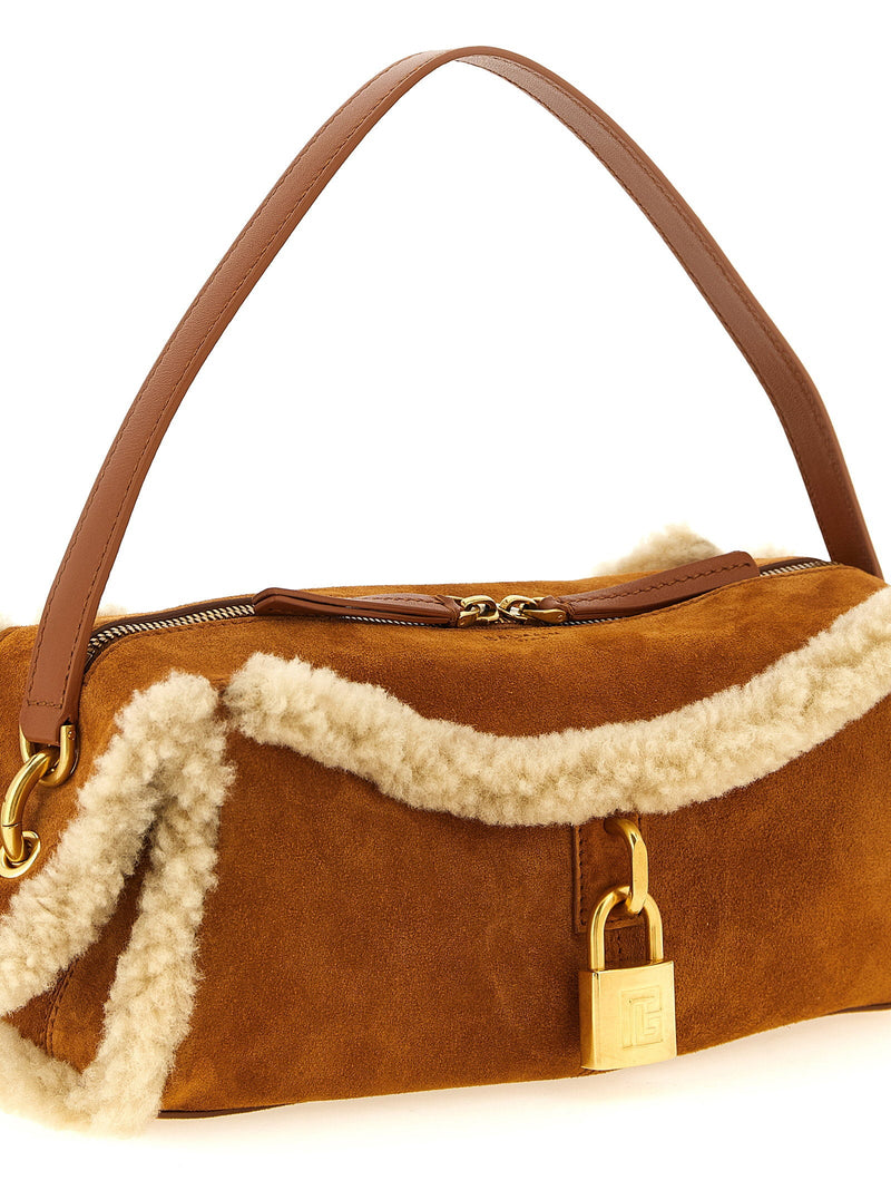 Balmain Shoulder Bag — Brown Suede With Shearling Trims