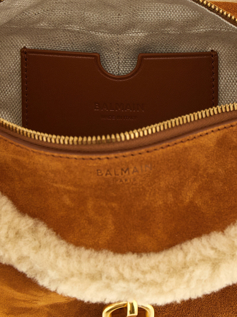 Balmain Shoulder Bag — Brown Suede With Shearling Trims