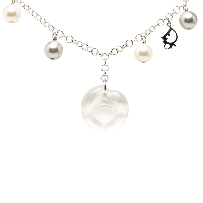 Brass Faux Pearl Rose Pendant Necklace