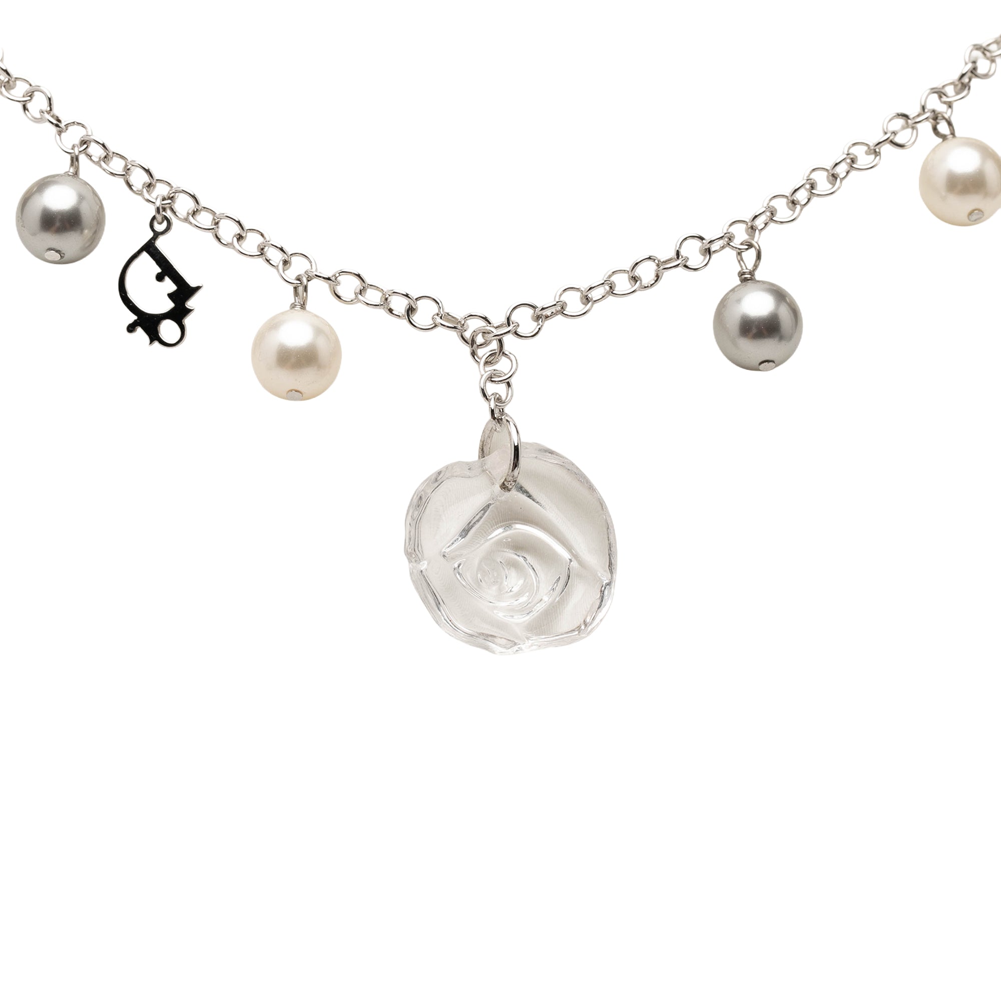 Brass Faux Pearl Rose Pendant Necklace - Image 2