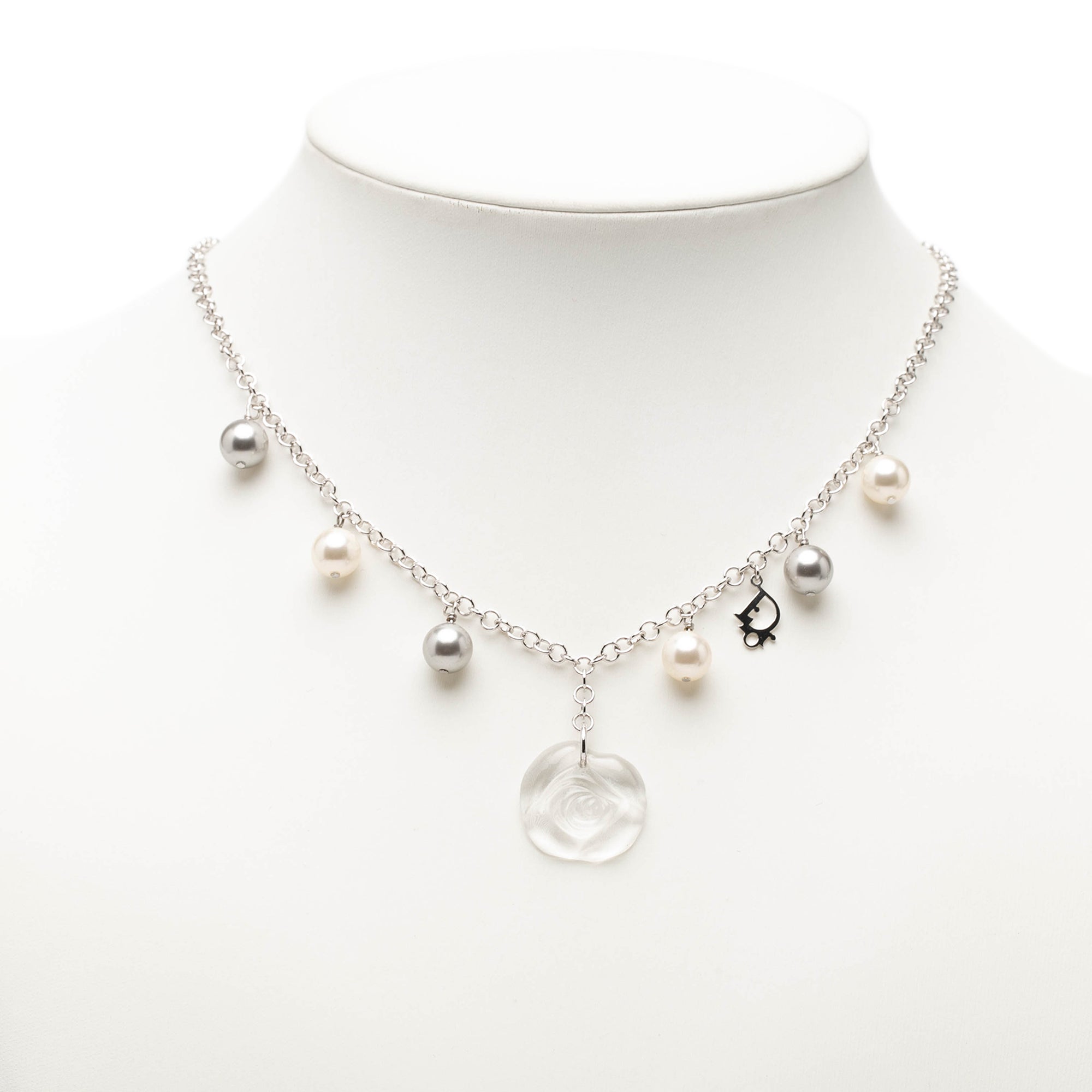 Brass Faux Pearl Rose Pendant Necklace - Image 6