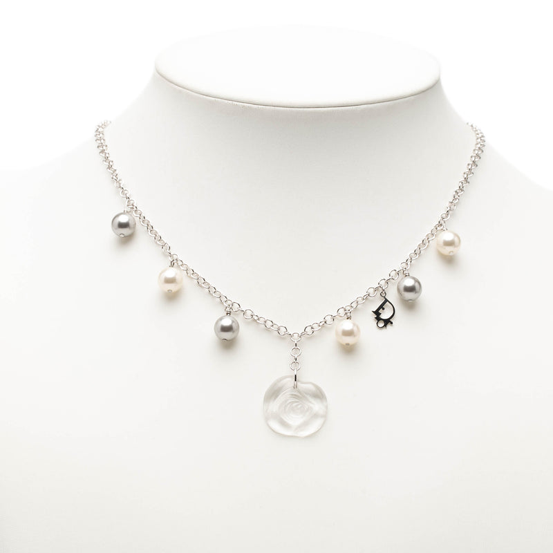 Brass Faux Pearl Rose Pendant Necklace - Image 6