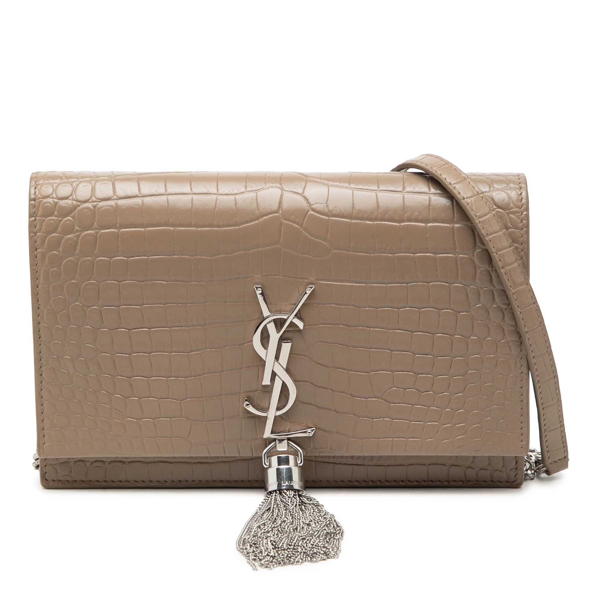 Small Croc Embossed Leather Monogram Kate Tassel Wallet on Chain - Image 1
