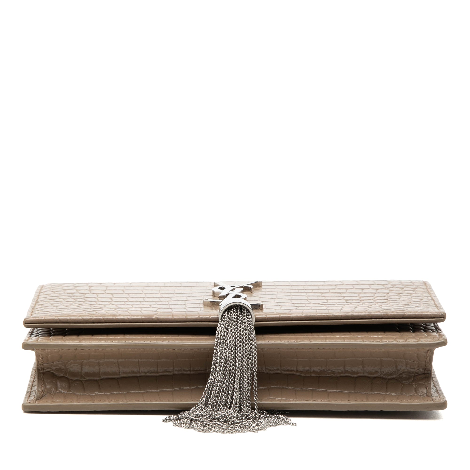 Small Croc Embossed Leather Monogram Kate Tassel Wallet on Chain - Image 3