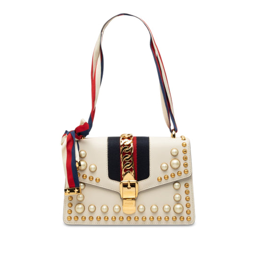 Small Studded and Pearl Embellished Calfskin Web Sylvie Satchel - Image 1