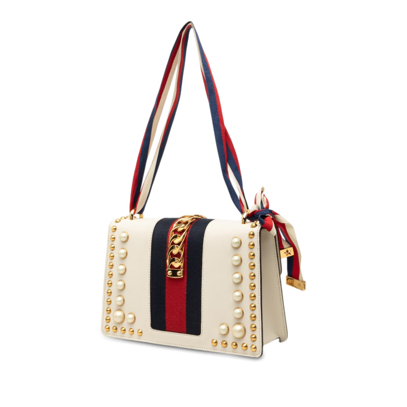 Small Studded and Pearl Embellished Calfskin Web Sylvie Satchel - Image 2