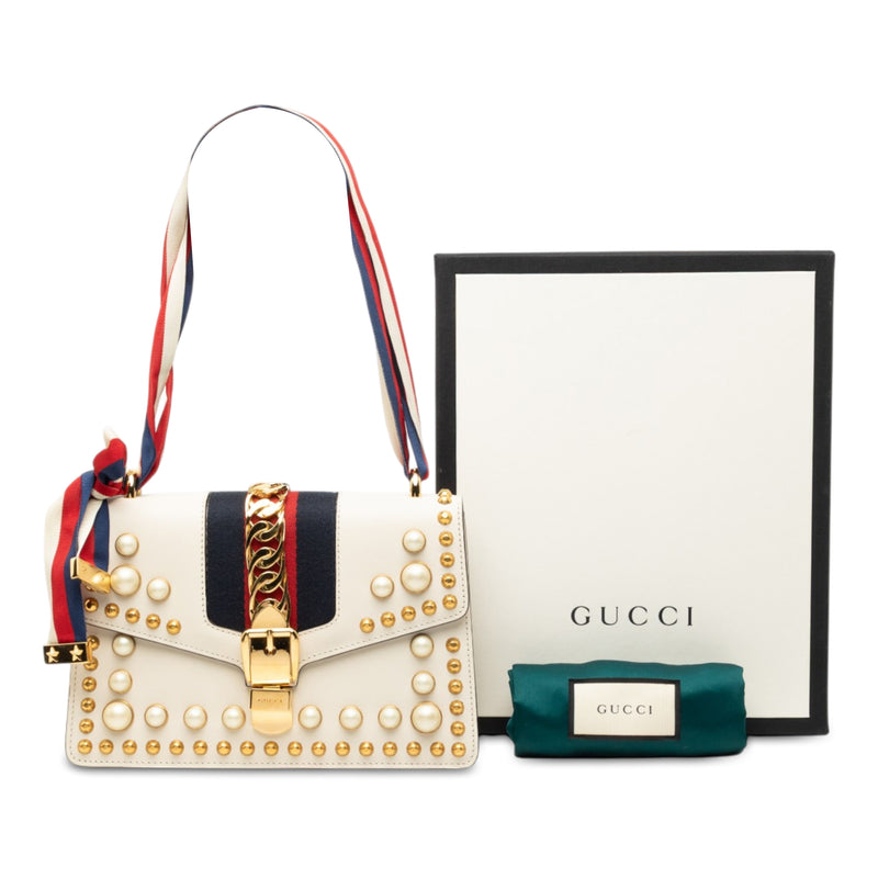 Small Studded and Pearl Embellished Calfskin Web Sylvie Satchel - Image 7