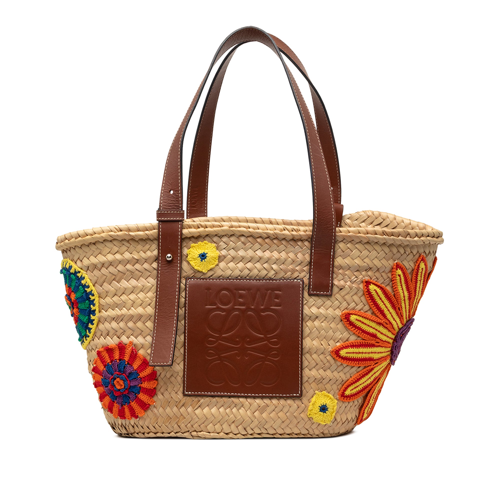 Medium Floral Embroidered Raffia Basket Tote - Image 1