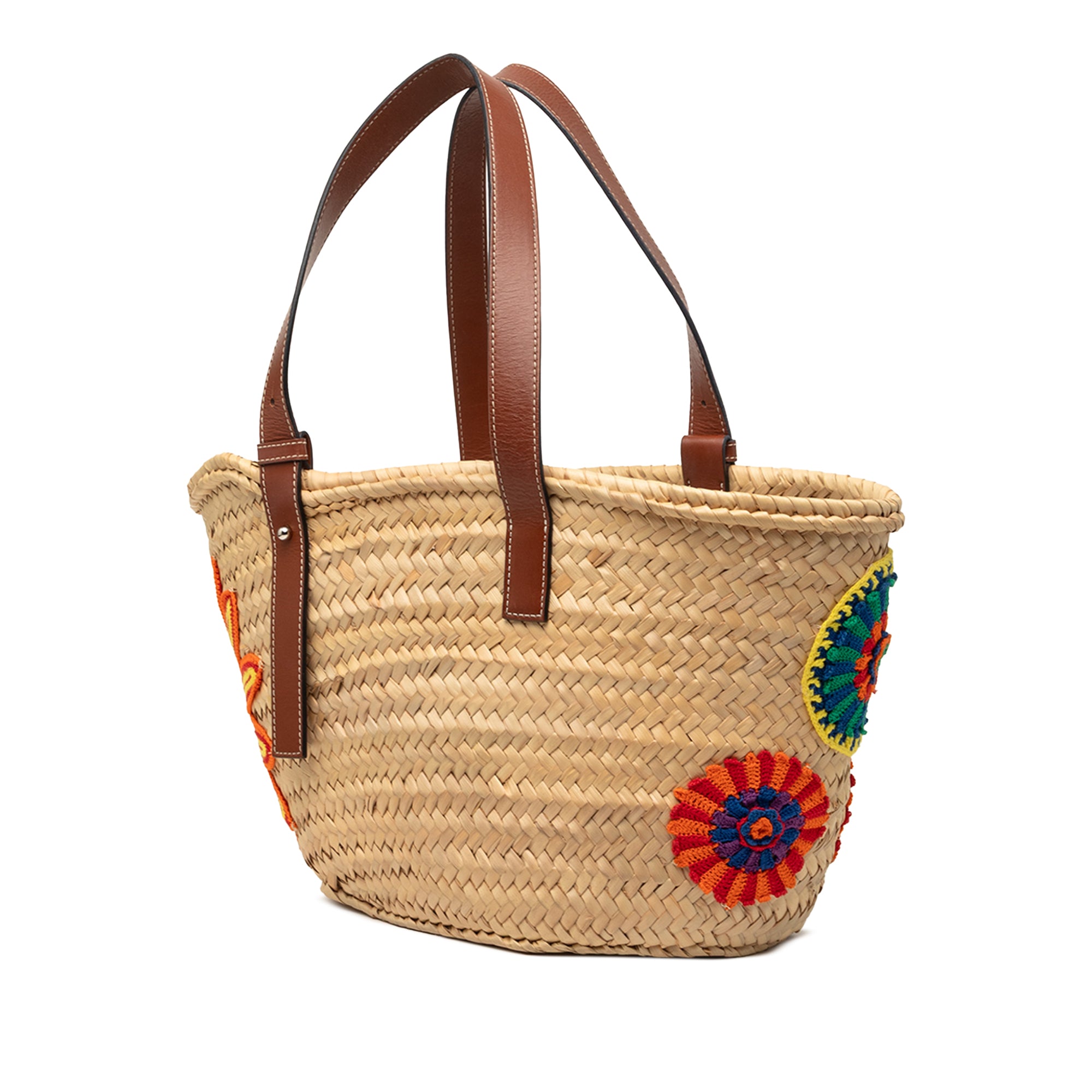 Medium Floral Embroidered Raffia Basket Tote - Image 2