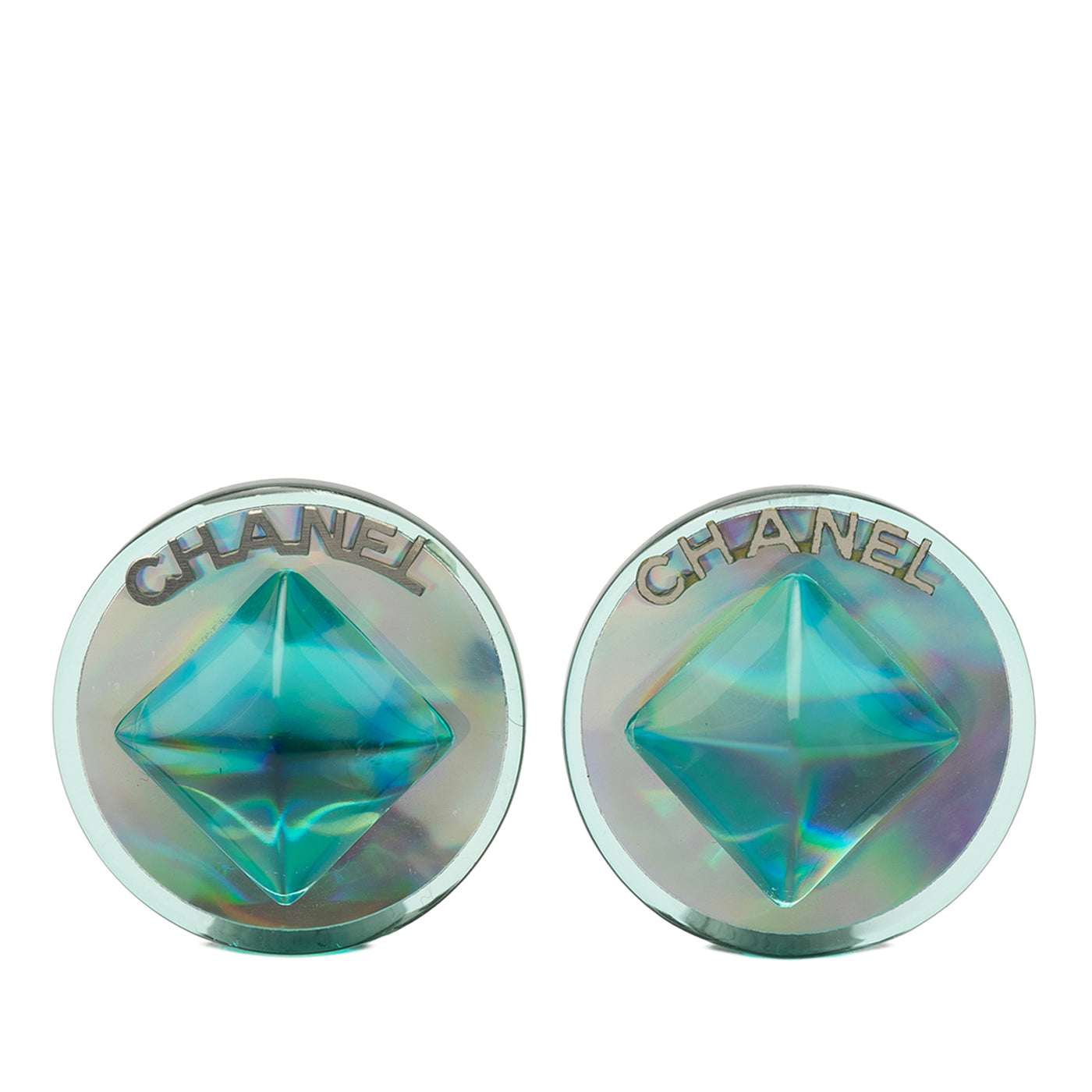 Brass and Resin Logo Aurora Round Pyramid Clip on Earrings - Image 1