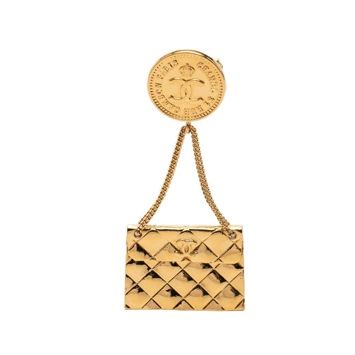 CC Gold Plated Quilted Flap Bag Medallion Brooch - Image 1