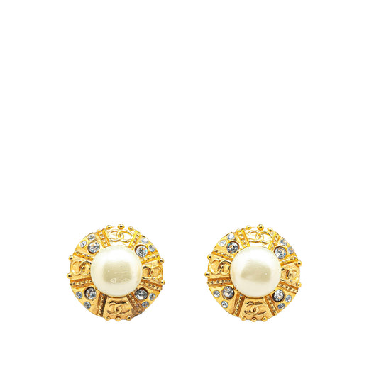 Gold Plated Round Faux Pearl Rhinestones Clip on Earrings - Image 1